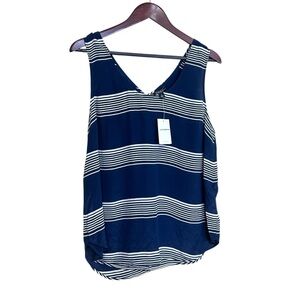 Lucky Brand silk sleeveless blouse striped navy blue and white large